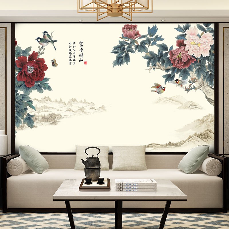 牡丹花电视背景墙壁画中国风古典花鸟壁纸新中式客厅沙发热卖墙布