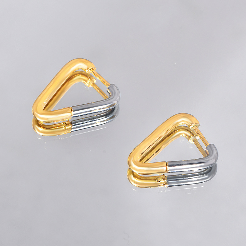 真空镀真金耳饰品新款金间银三角形耳环时尚气质耳环高级感女士