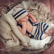 新生儿摄影服 手工编织摄影道具 婴儿摄影服  藏青帽条纹套装