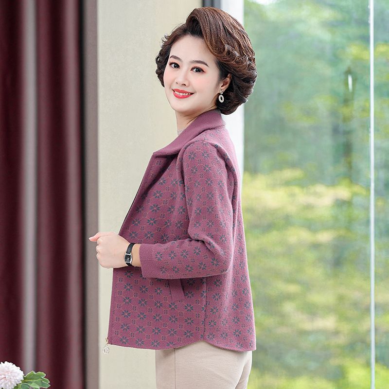 妈妈秋冬装毛衣针织外套中年女加厚洋气开衫中老年人短款翻领夹克