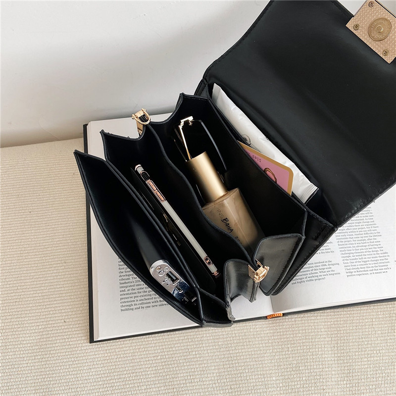 2021 New European and American Fashion Pu Simple Solid Color Lock File Holder Small Square Bag Shoulder Messenger Bag Fashion Women's Bag