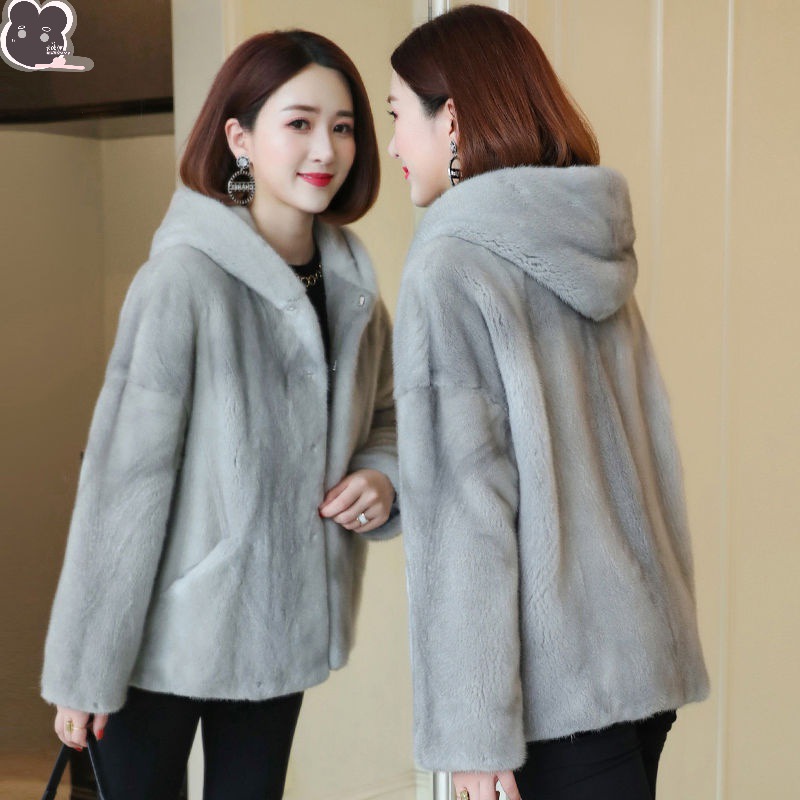 进口2020新款貂皮大衣女整貂连帽进口皇冠天鹅绒水貂皮裘皮外套