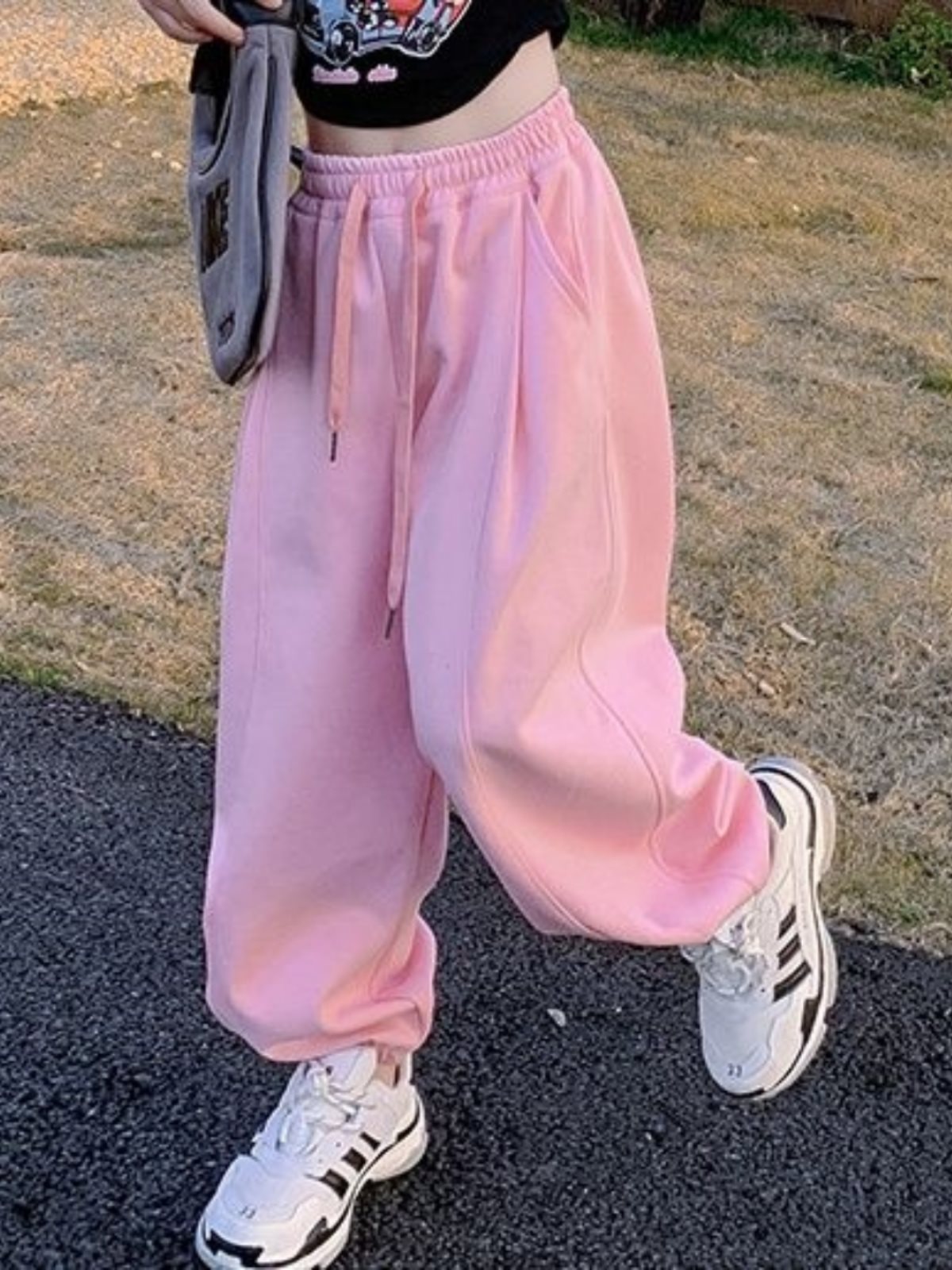 女大童春装裤子新款束脚运动裤女童粉色洋气中大女童宽松哈伦裤aa