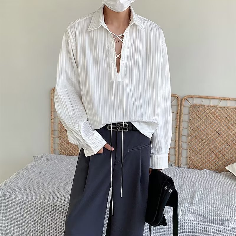 韩国小众禁欲风白色褶皱质感抽绳设计衬衫男休闲宽松百搭长袖衬衣