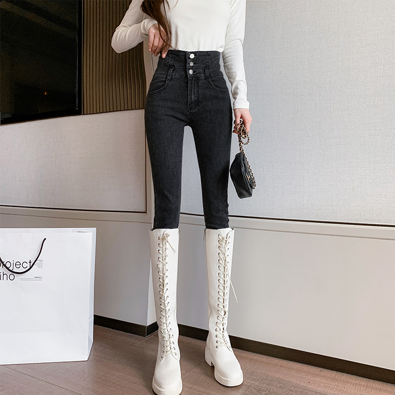 Korean Style Casual High Waist Jeans Women's Autumn and Winter Women's Wear Wear Slimming High Tight Tappered Pencil Cropped Pants Fashion