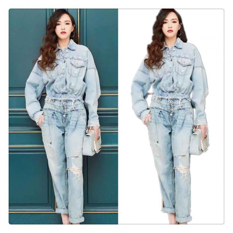 现货唐嫣明星同款2022时尚破洞牛仔外套上衣 流苏裤子宽松两件套