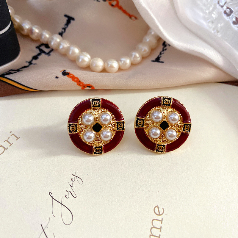 New Retro French Elegant Simple Antique Age Drop Oil Enamel Pearl 925 Silver Needle Ear Studs Women