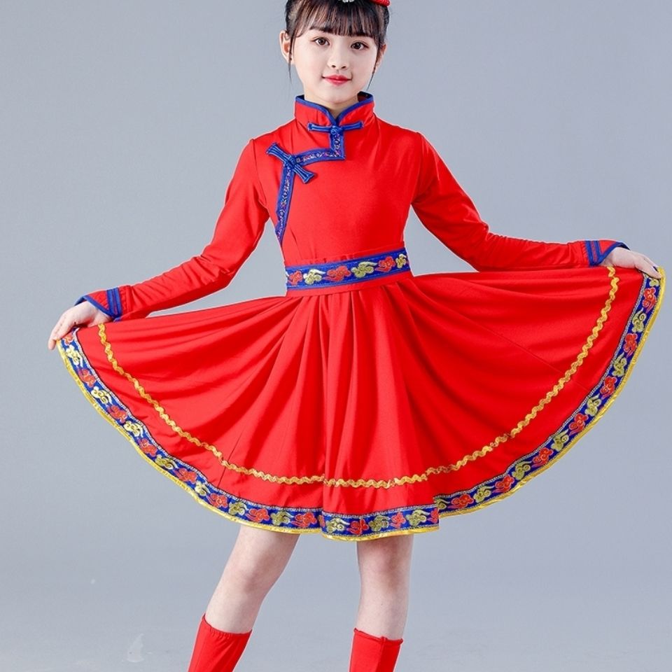 新款儿童蒙古族舞蹈服少儿六一表演服现代民族风内蒙古舞裙袍女童