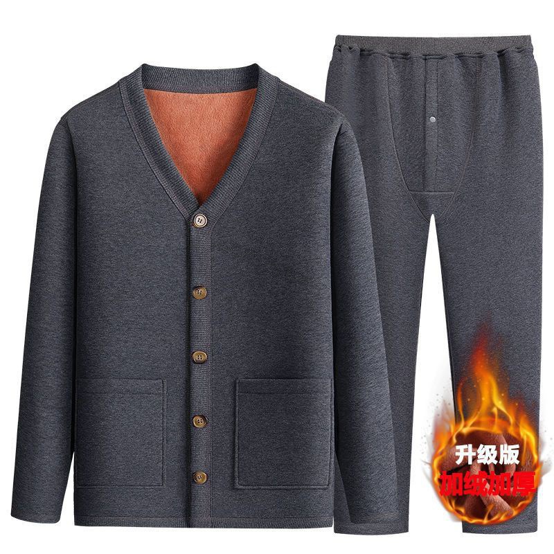 中老年人保暖内衣男加绒加厚套开衫冬装秋秋裤爷爷棉服速卖通