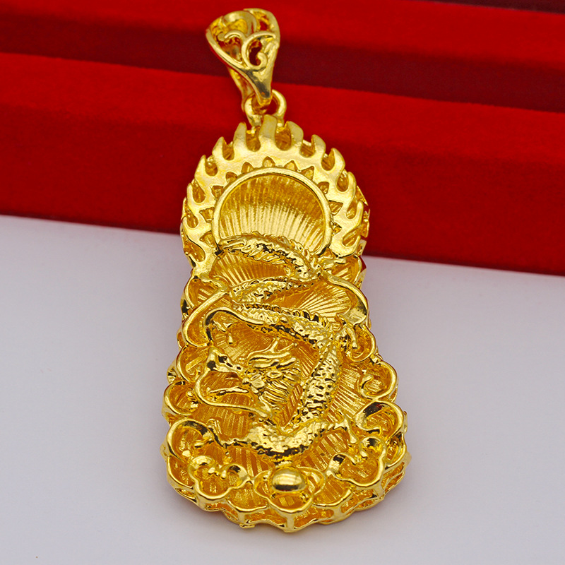 大号镀金方形龙牌吊坠男士仿黄金霸王龙项坠18k火烧金镂空火焰龙