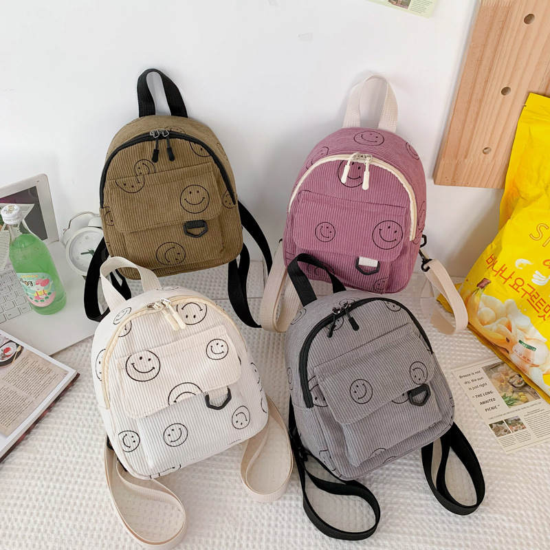 2023 New One-Shoulder Backpack Girls Outdoor Fresh Sweet Smiley Face Mobile Coin Purse Bag Corduroy Handbag