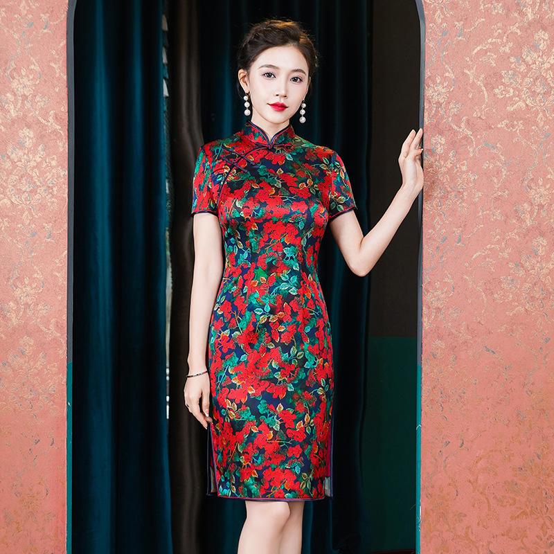 苏州高档真丝旗袍女桑蚕丝连衣裙喜婆婆婚宴礼服短小个子一件代发