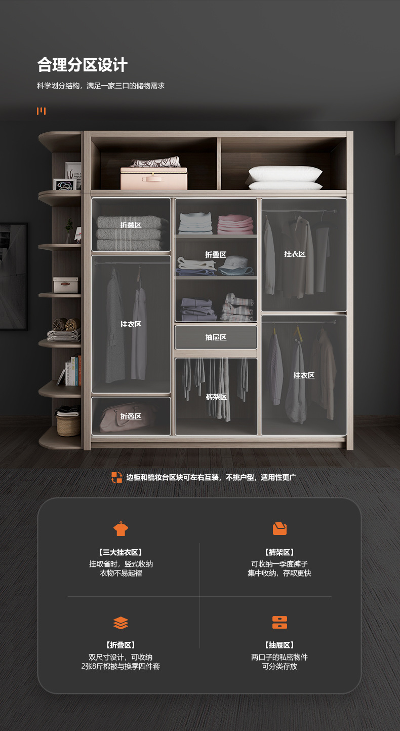 木月北欧衣柜组合 卧室简约现代移门大衣橱 三门推拉门板式衣柜