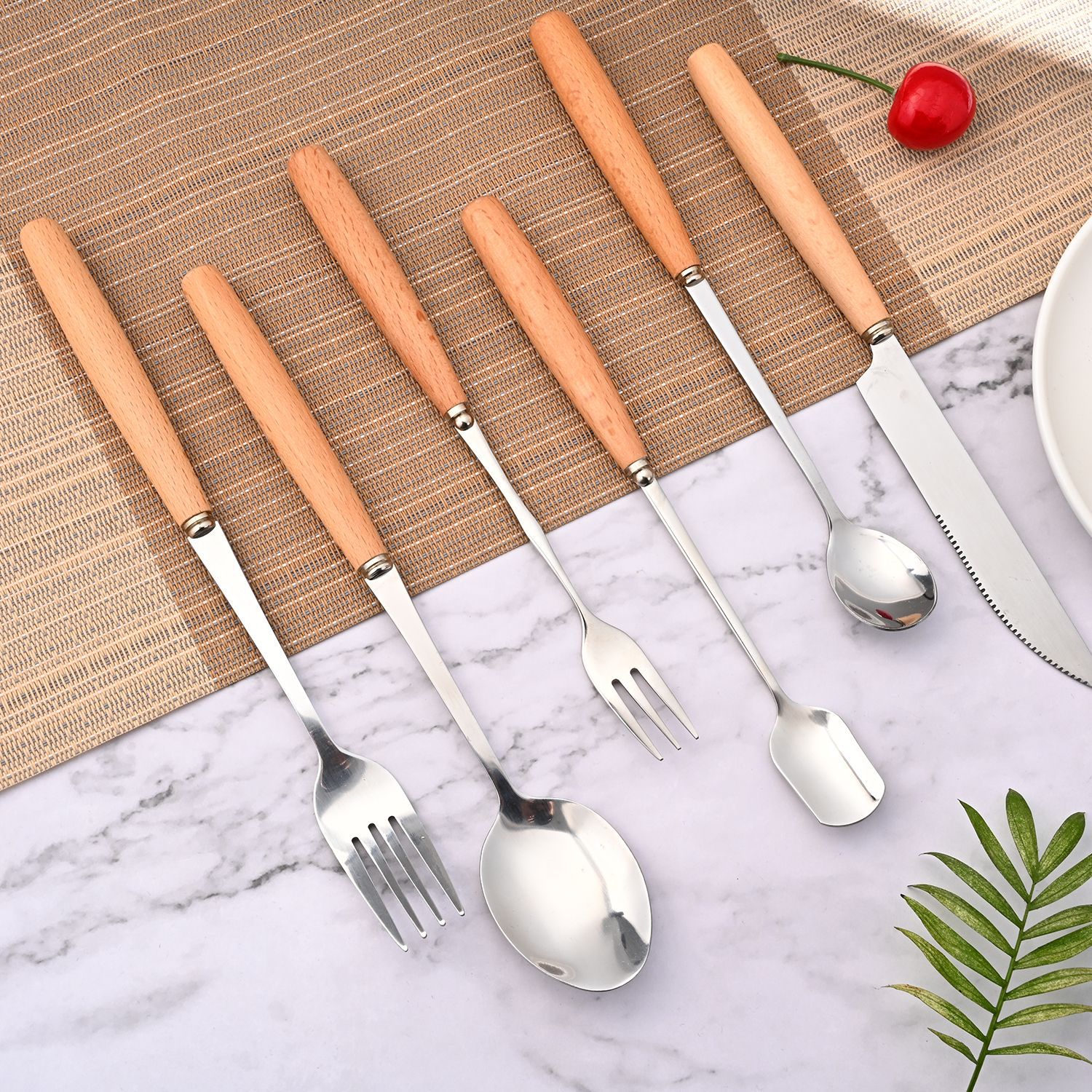 Japanese Style Stainless Steel Tableware with Wooden Handle Beech Handle Knife Fork Spoon Gift Tableware Spoon Fruit Fork Table Knife