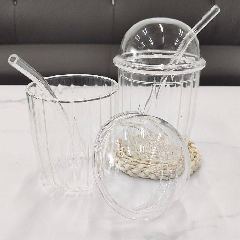 good-looking drink cup bobo cup ins style glass household high temperature resistant with lid cup with straw hospitality cup vertical pattern
