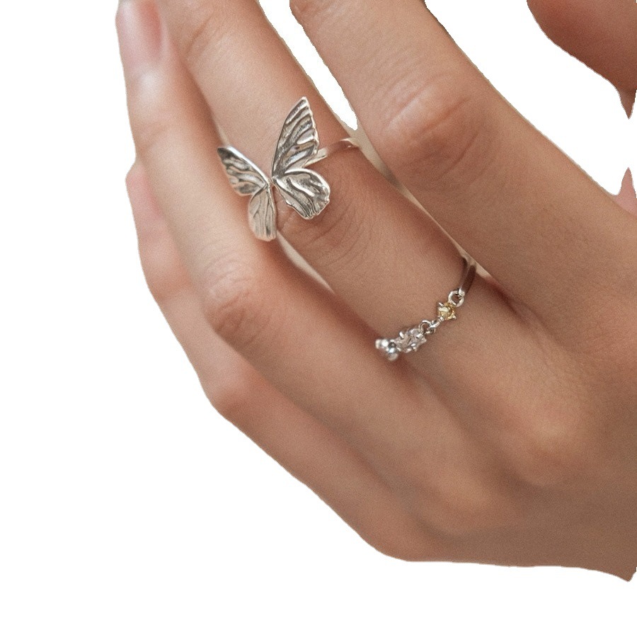 Sweet Cool Butterfly Ring Female Refined and Simple Elegant All-Match S925 Silver Opening Ring Ins Niche Index Finger Ring Fashion