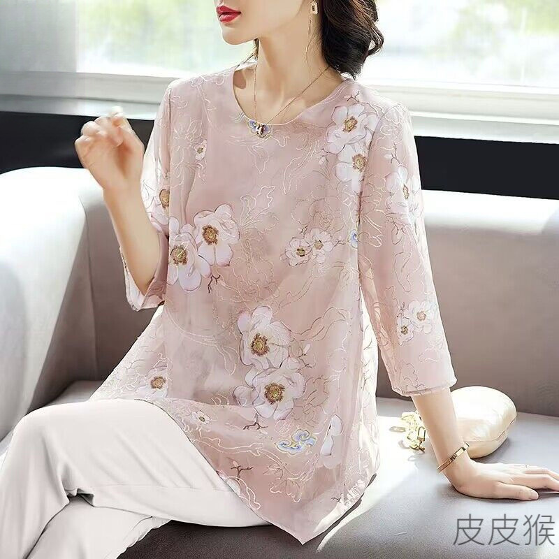 hg胖妈妈夏装短袖雪纺t恤衫40-50岁中老年女装时尚宽松遮肚上衣套