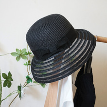 黑白色透明纱条纹编织小盆帽女夏天遮阳度假渔夫礼帽法式复古赫本