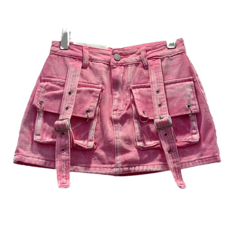 Denim Skirted Leggings Women's Pink to Make You Younger Pocket Lace-up Anti-Exposure A- line Slimming Workwear Short Skirt for Women 2024 Summer