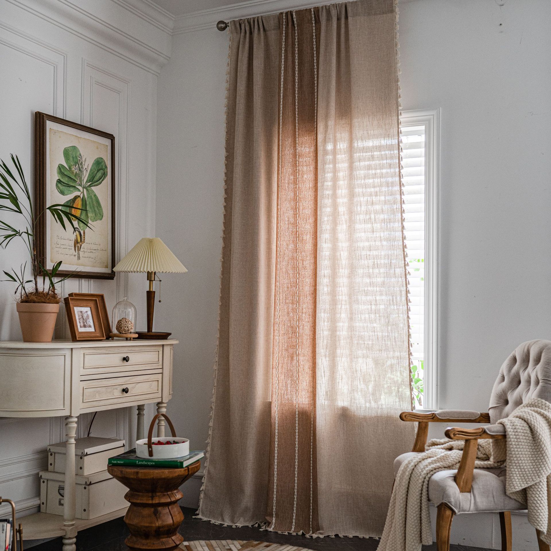 伊缦琪韵窗帘成品麻色绣花窗帘流苏半遮光窗帘农舍厨房客厅窗幔