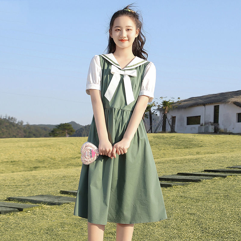 初中生连衣裙夏装韩版12海军风13中学生14大童15岁少女孩16学院风