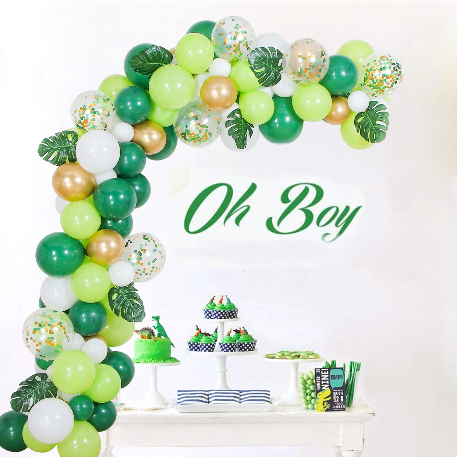 森林绿色气球龟背叶套装 亮片气球链组合场景布置小清新装饰用品