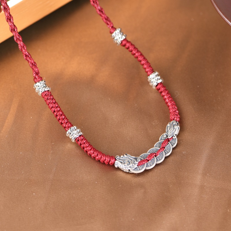 金鹿王 s925银项链 复古手工编绳乾隆通宝大钱生肖龙年女红绳套链