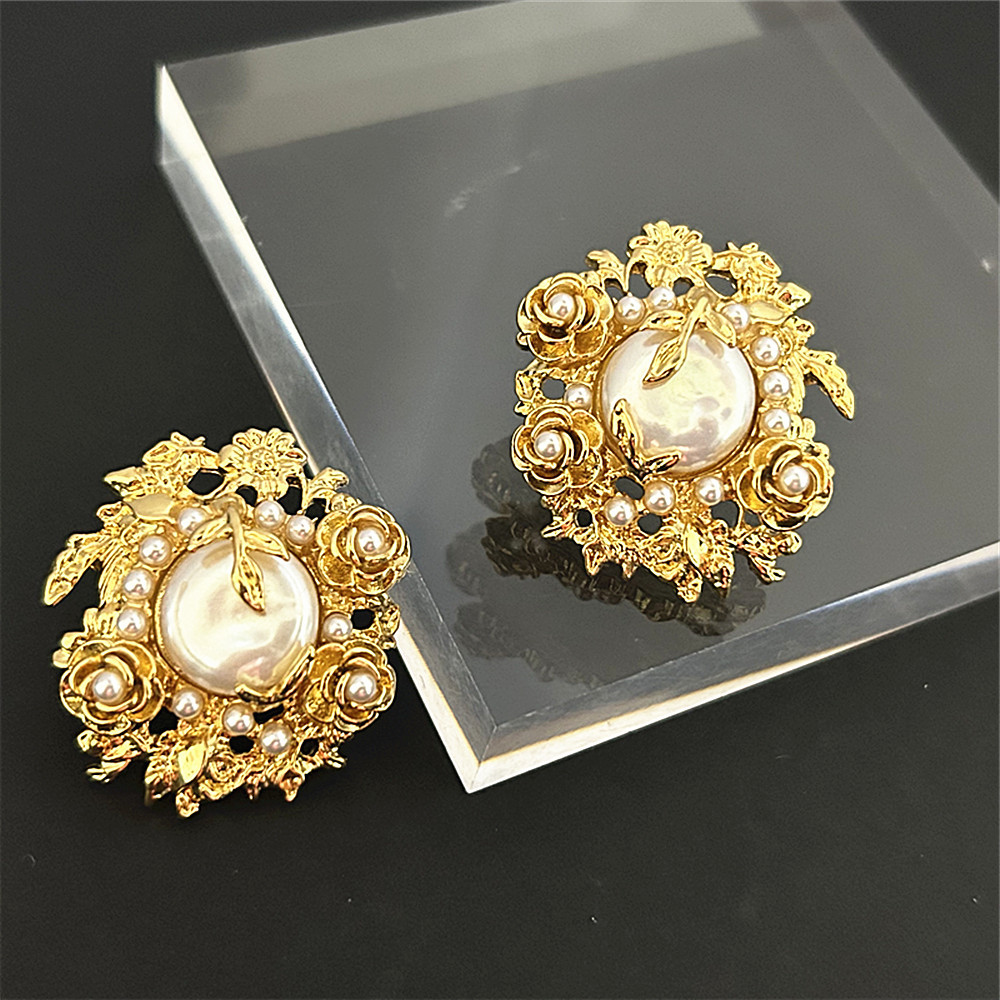 镀真金巴洛克珍珠耳钉古风繁花似锦层叠 宫廷复古夸张耳环耳饰女