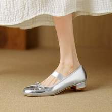 舒适｜2.5cm法式银色玛丽珍小皮鞋女粗跟2024春夏蝴蝶结芭蕾舞