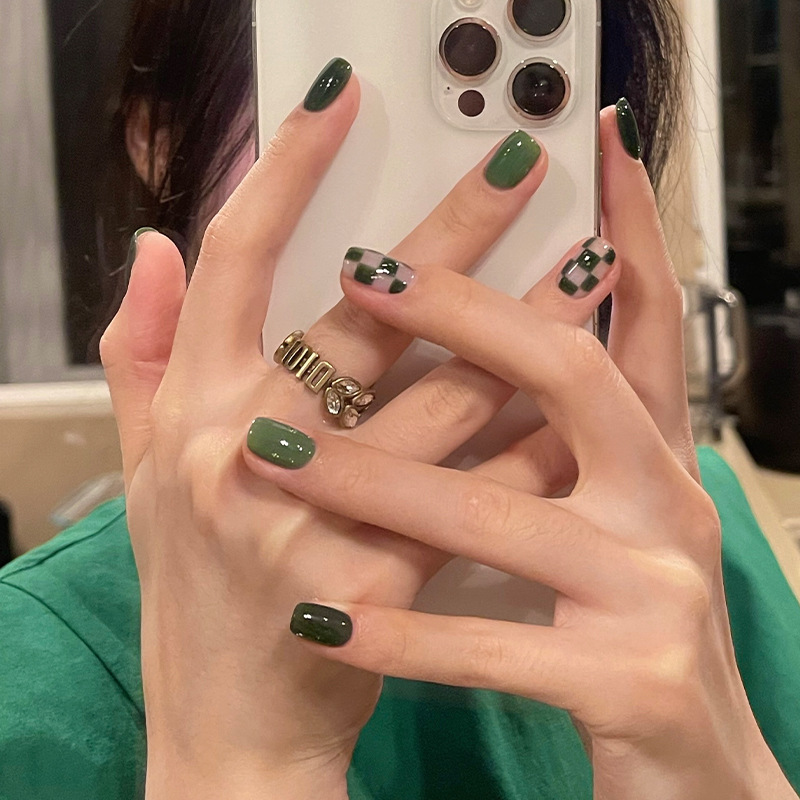 Finished Nail Beauty Chessboard Grid Wear Armor Wholesale Fruit Green White Nail Patch Nails Summer Little Fresh Nail Tip