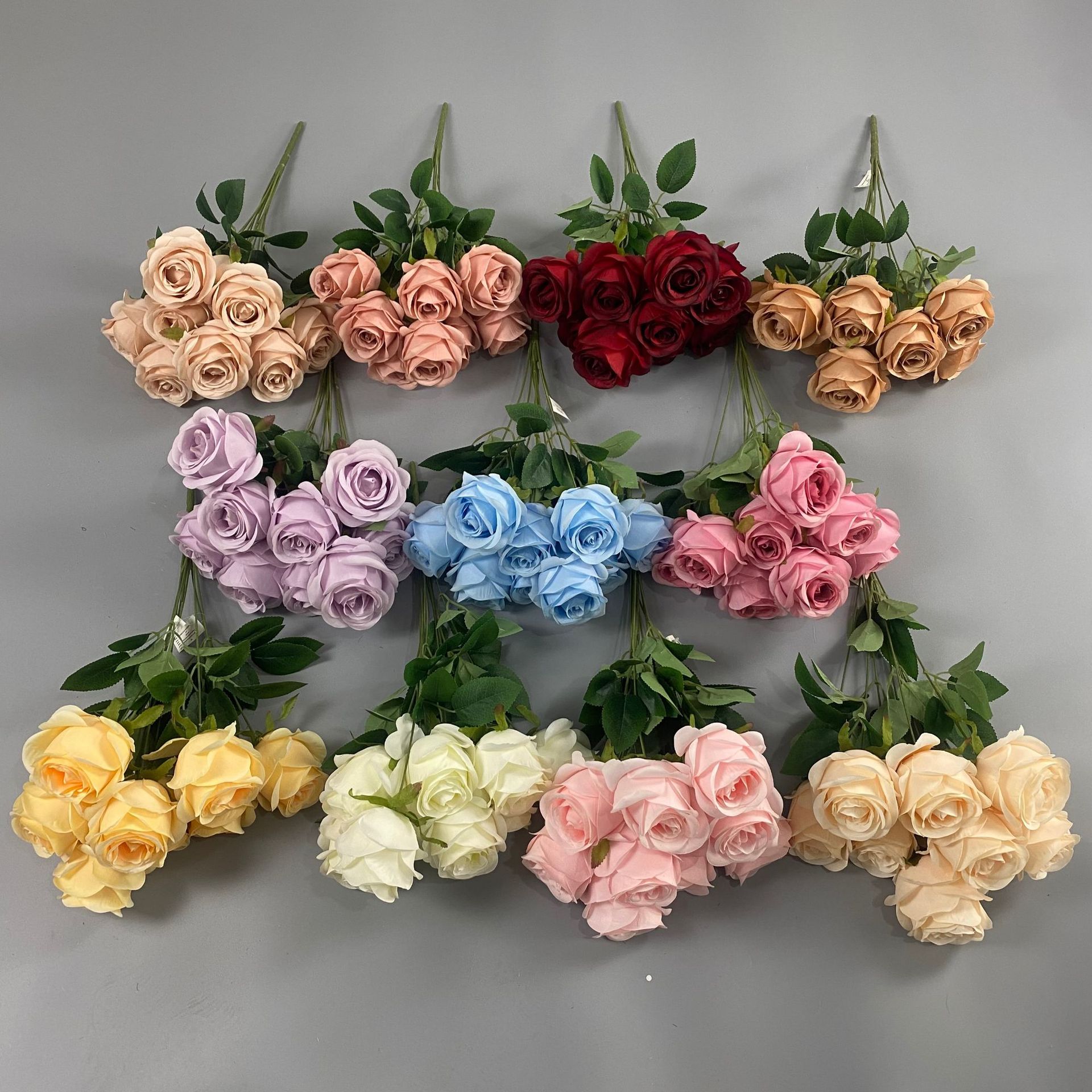 9 Big Bulgarian Rose Bunches Emulational Rose Flower Home Wedding Decoration Hand Bouquet Wholesale Cross-Border