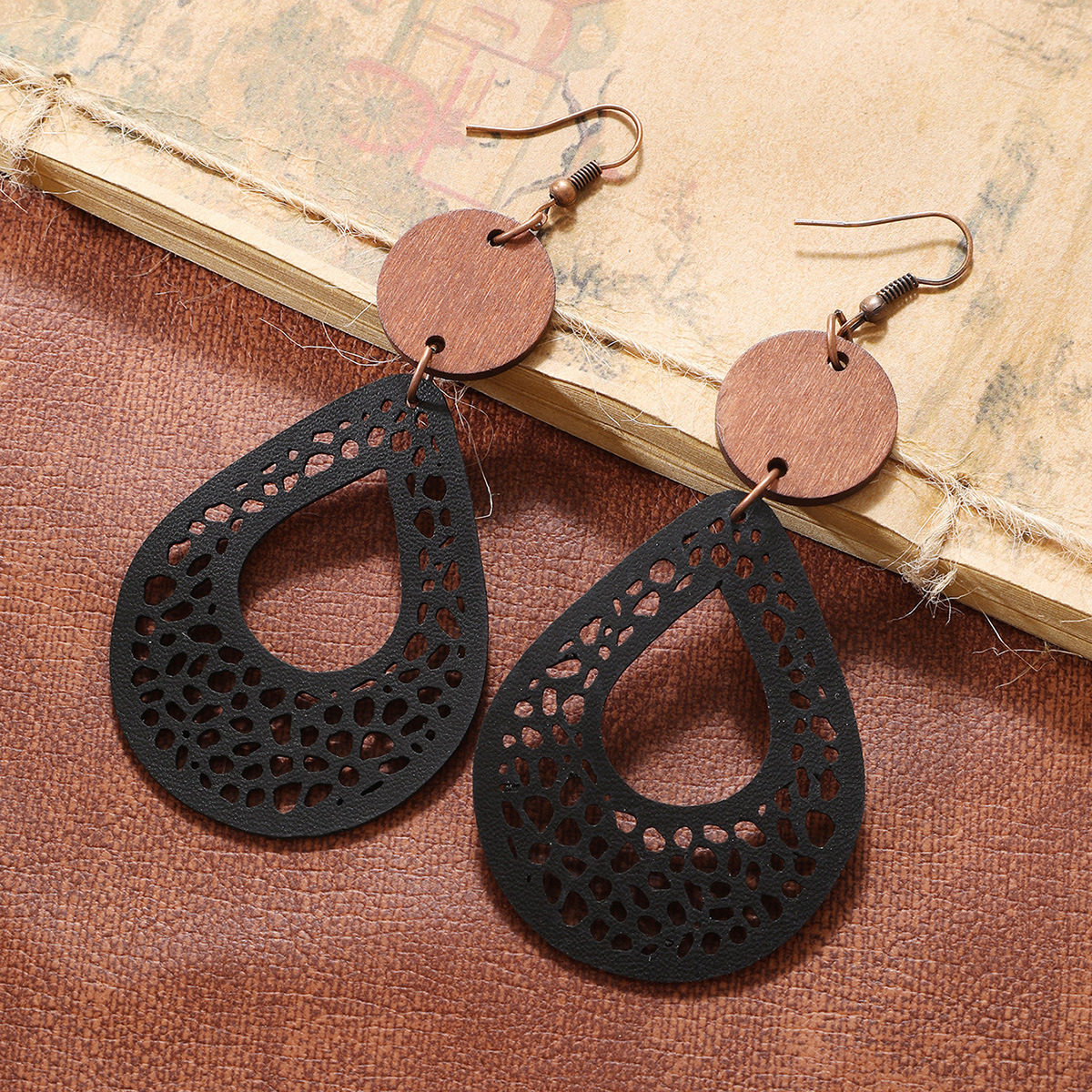 Bohemian Style Vintage Earrings Eardrops European and American Earrings Hollow Mesh Handmade Wood Piece Leather Cross-Border