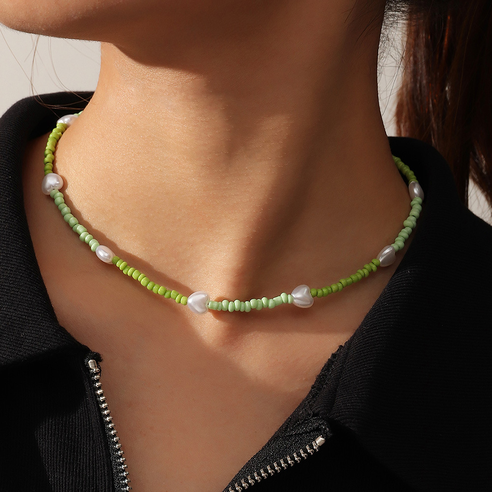 Nz2225 Nizhu Fresh Sweet Girl Green Hand-Woven Bead Necklace Love Pearl Necklace