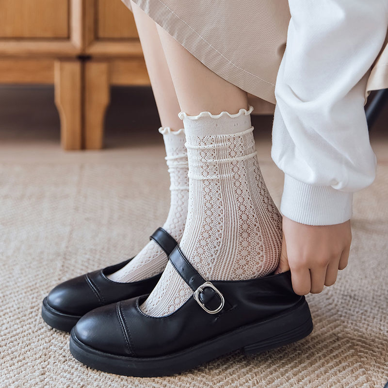 蕾丝堆堆袜色长袜子女花边ins日系木耳边春夏季薄款镂空网红女袜