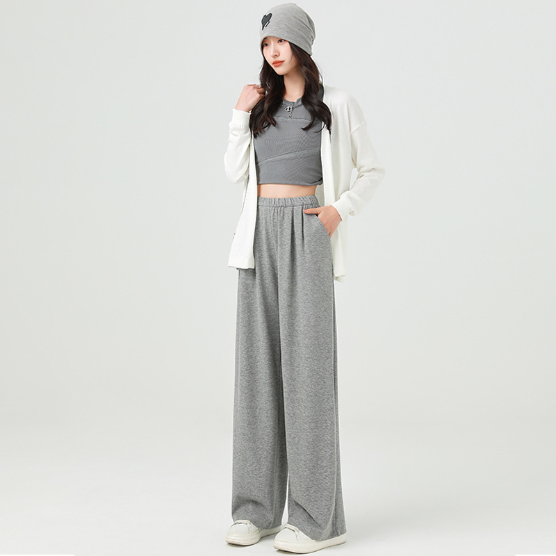 Gray Style Lazy Casual Glutinous Rice Pants 2024 Spring New High Waist Stretch Straight Pants Mop Wide Leg Pants for Women