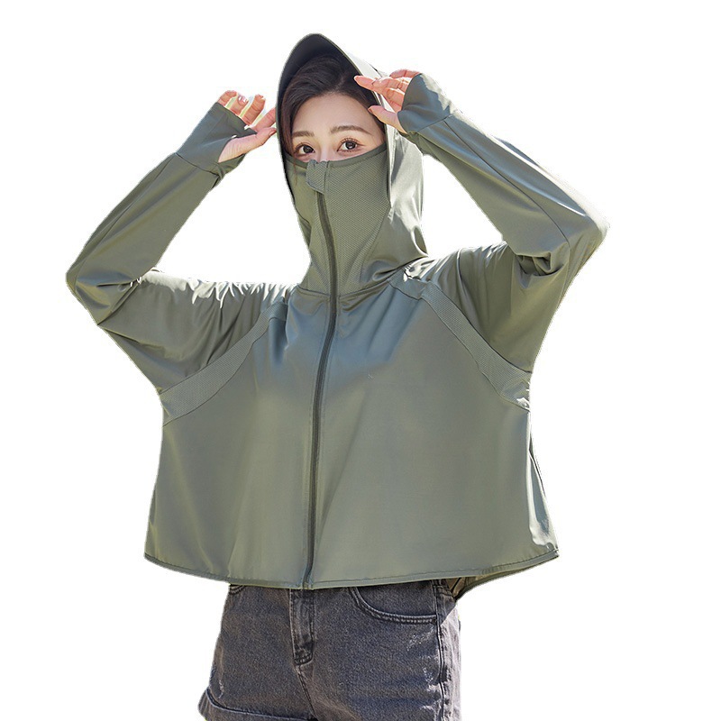 Summer Imitation UV Breathable Ice Silk Hooded Sun Protection Clothing Vinyl Cloak Sun Protection Clothing Women's Outdoor Sports Breathable Jacket