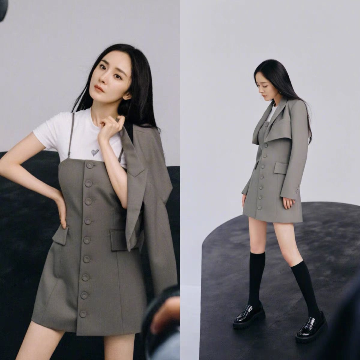 杨幂明星同款2021秋季新款时尚潮复古西装式连衣裙套装