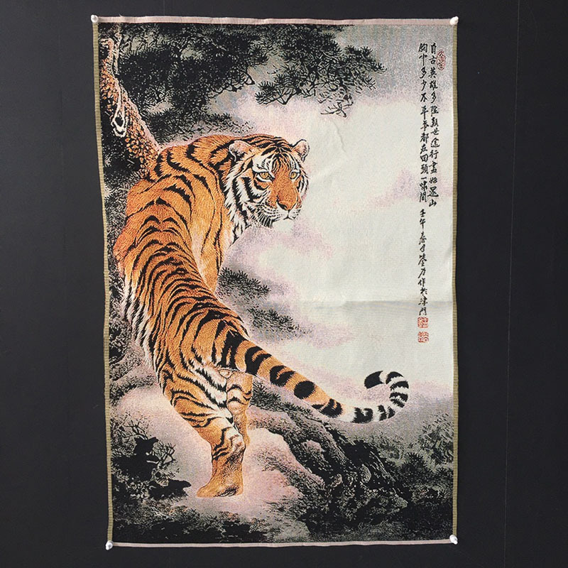 新中式装饰工艺品批发画芯仿古织锦刺绣上山虎刺绣客厅挂饰装饰品