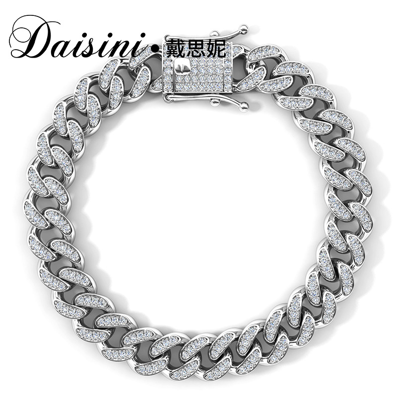 欧美嘻哈古巴链s925纯银男士莫桑钻手链跨境满镶莫桑石手饰-阿里巴巴