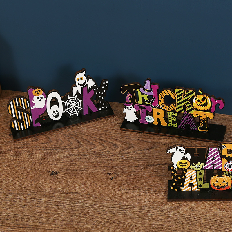 Halloween Decorations Wooden Craft Supplies Props with Base Wooden Letters Pumpkin Desktop Decorations