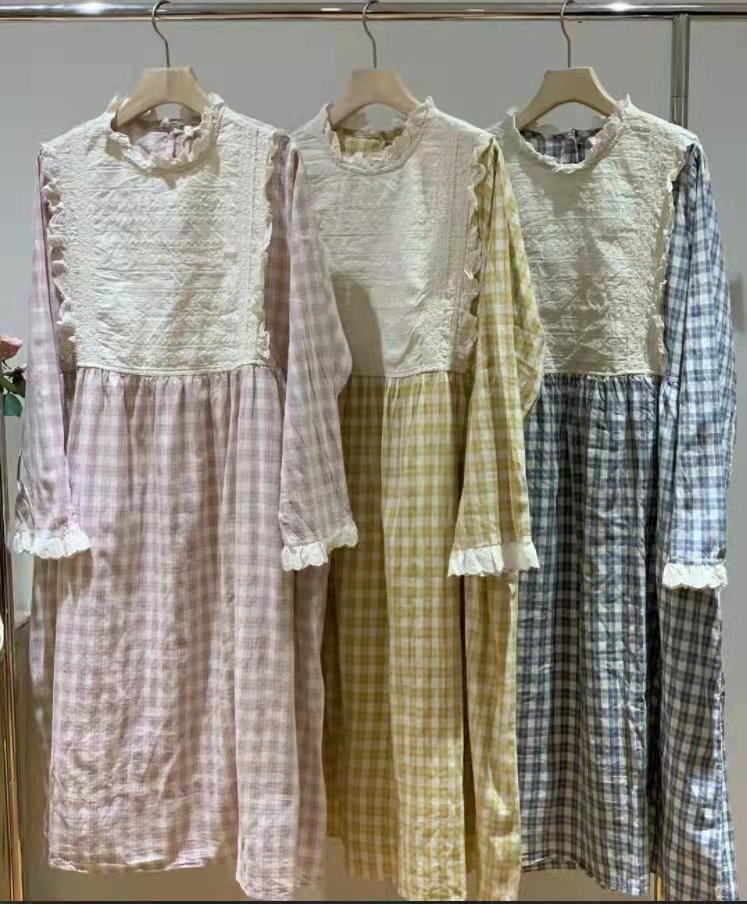 2023熊姑娘春季新款森系小清新连衣裙长袖公主裙棉麻格子套头日系