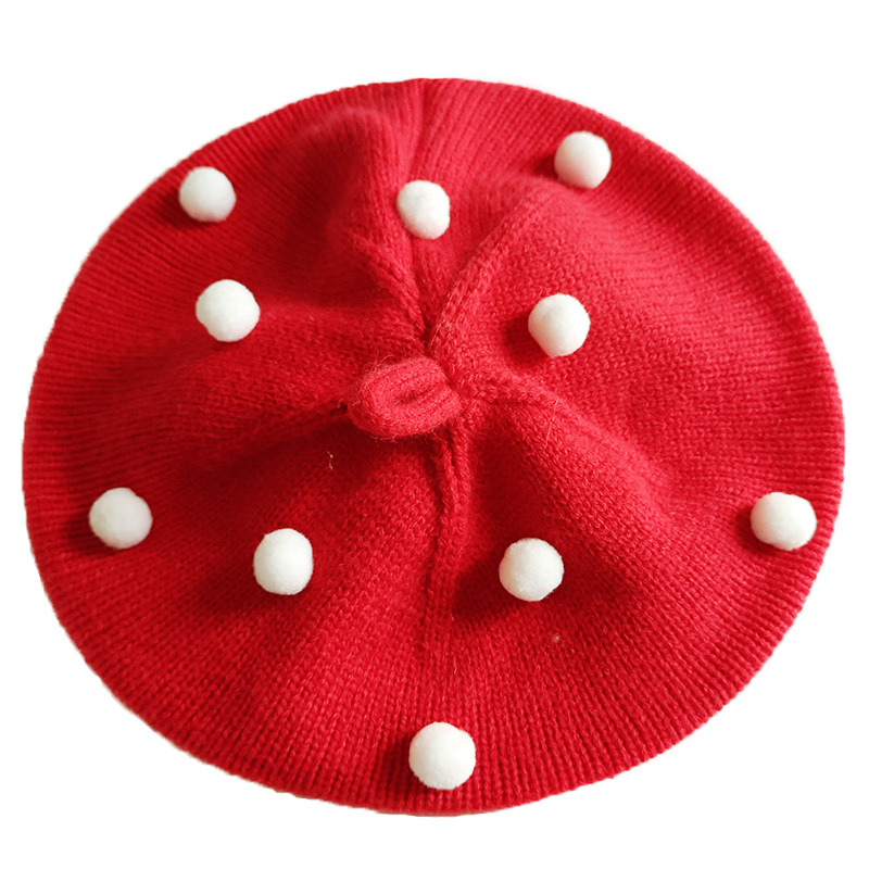 Chengwen New Children Beret Simple Cute Wool Baby Hat Sweet Mushroom Dots Knitted Hat