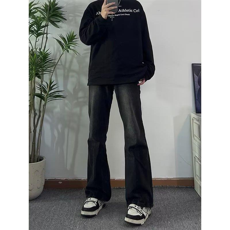 Black Gradient Straight Skinny Jeans Men's Spring and Autumn Fashion Brand Pu Handsome Pants American High Street Retro Vibe Trousers