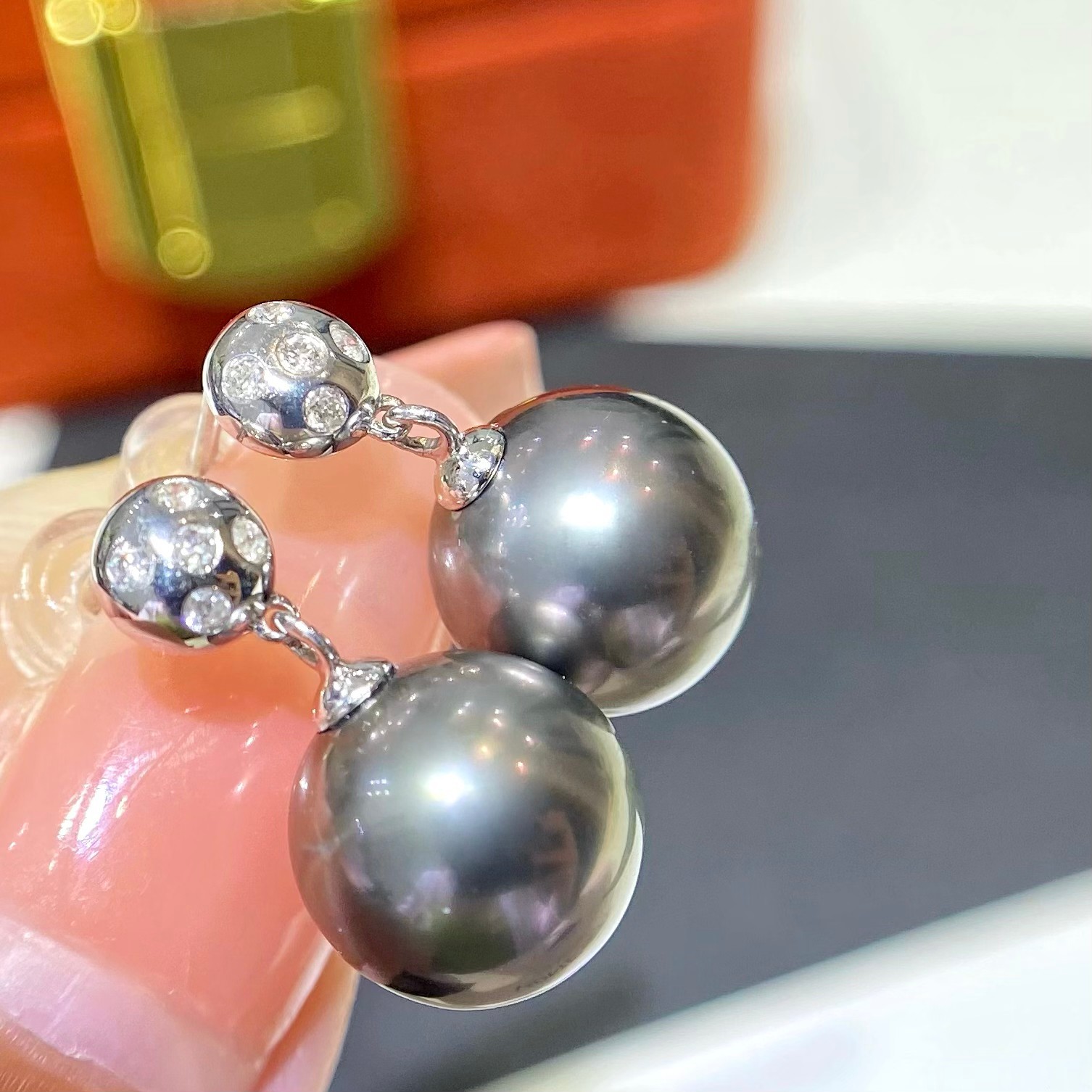 10-1mm大溪地黑珍珠镜面强光耳饰g18k耳环法式轻奢耳坠配饰批发