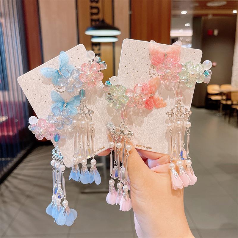 Children's Hair Accessories Little Girl Ancient Style Han Chinese Clothing Headdress Chinese Style Girl's Hairpin Princess Tassel Butterfly Barrettes Headdress Flower