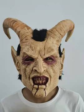 堕落天使撒旦恶魔人面路西法面具恐怖魔鬼羊牛角头套万圣节装饰吓