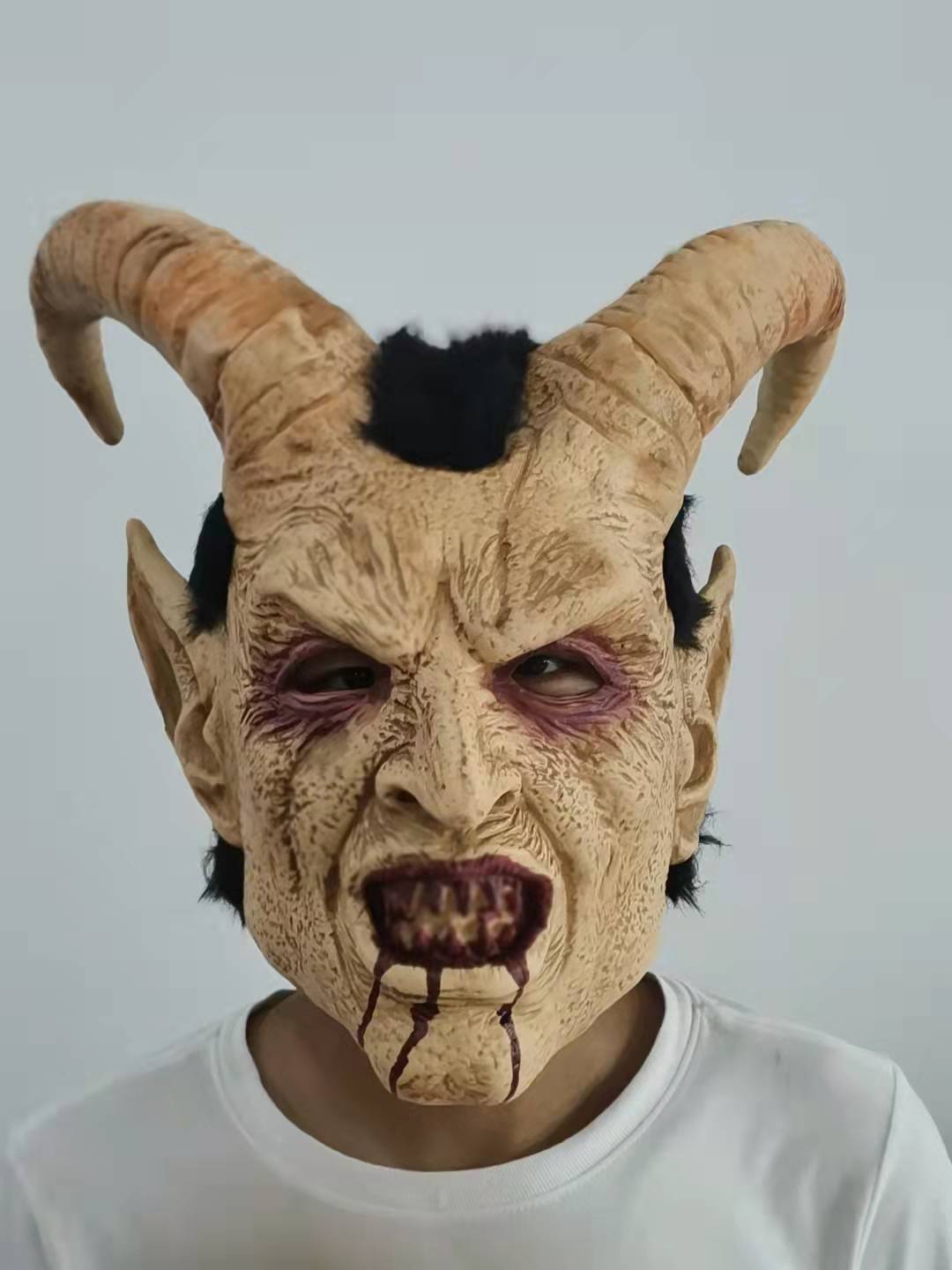 堕落天使撒旦恶魔人面路西法面具恐怖魔鬼羊牛角头套万圣节装饰吓
