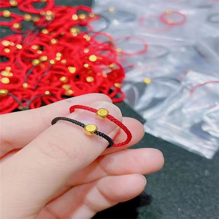 足金999金珠戒指3d硬金方糖红绳指环情侣转运对戒店铺活动引流礼