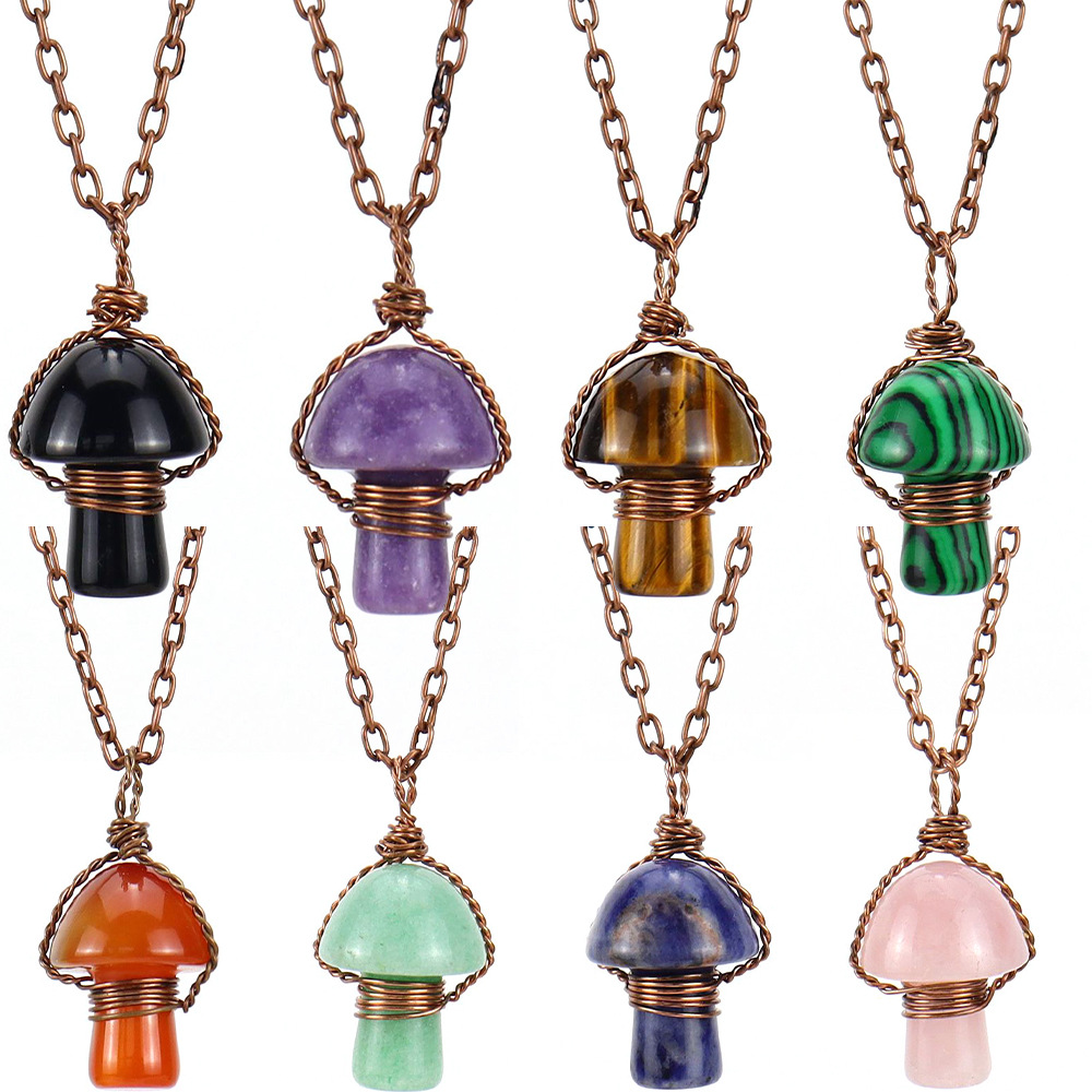 亚马逊热销新款复古手工缠绕天然石水晶小蘑菇吊坠项链饰品n555