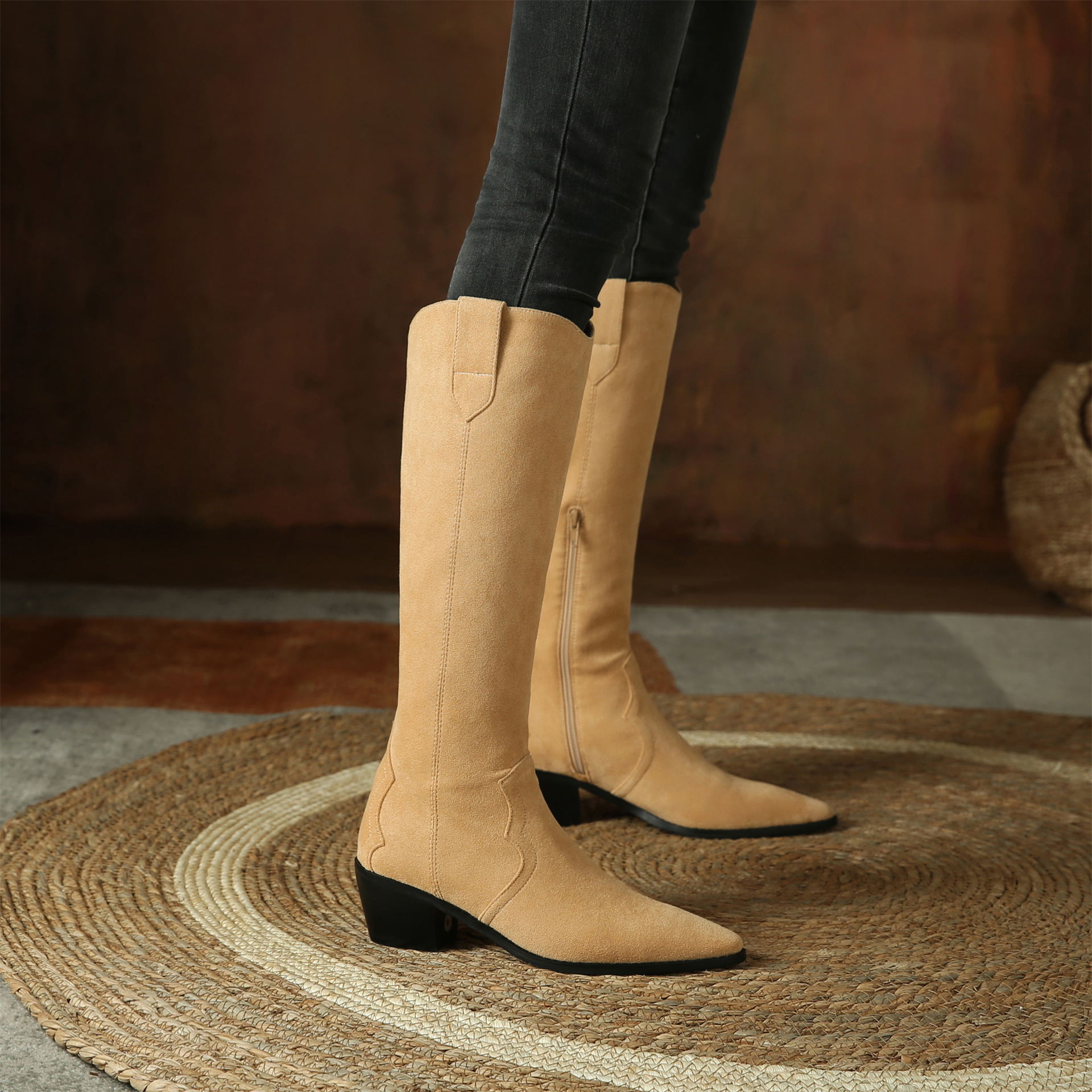 韩版休闲通勤高靴高筒女长靴21秋冬新款粗中跟弹力女鞋骑士西部靴